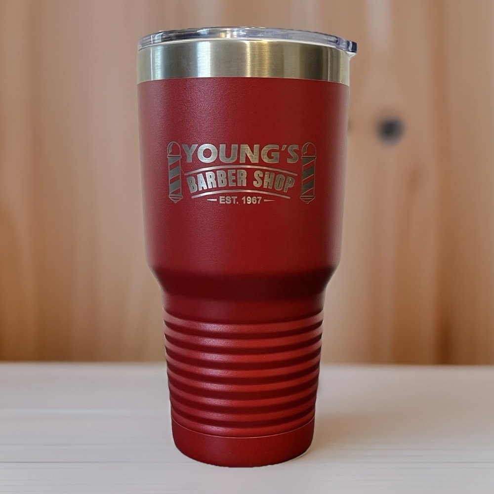 YOUNG's BARBER SHOP Polar Camel Tumbler Cup Red 8" Hot Cold Drinks